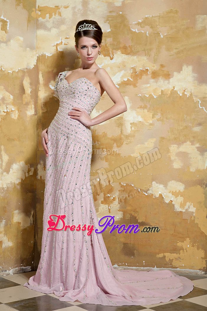 One Shoulder Beaded Prom Dress with Single Open Sleeve