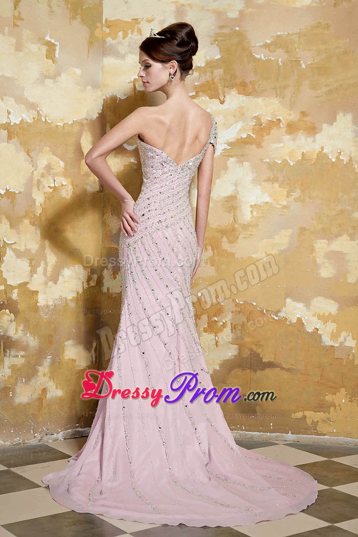 One Shoulder Beaded Prom Dress with Single Open Sleeve