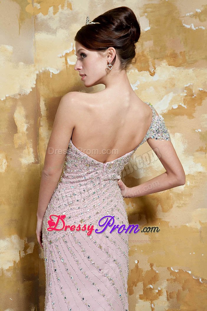 One Shoulder Beaded Prom Dress with Single Open Sleeve