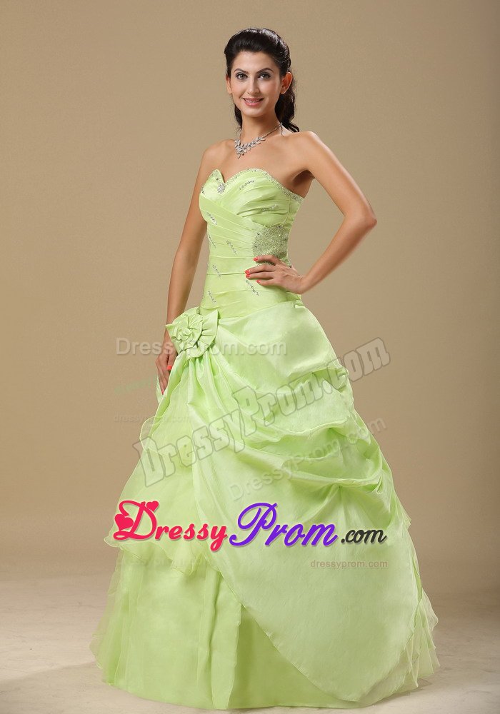 Beading and Ruches Accent Organza Quince Gowns in Yellow Green