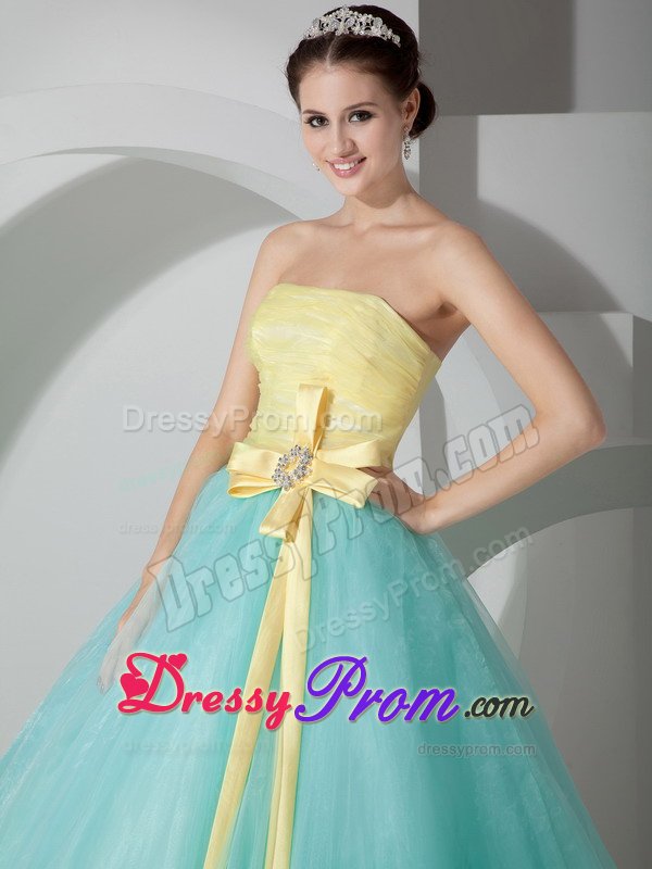 Yellow and Aqua Blue Tulle Quinceanera Gowns with Flowery Sash