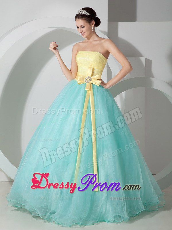 Yellow and Aqua Blue Tulle Quinceanera Gowns with Flowery Sash