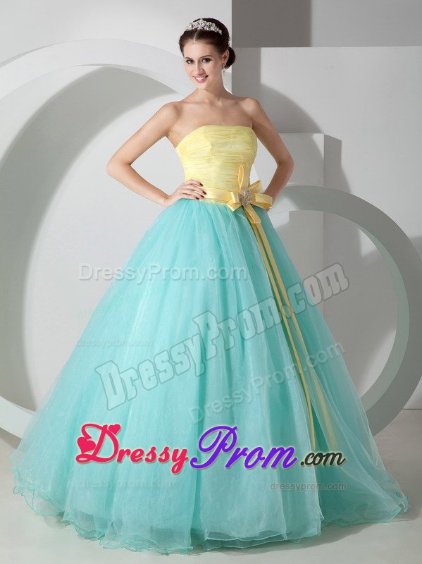 Yellow and Aqua Blue Tulle Quinceanera Gowns with Flowery Sash