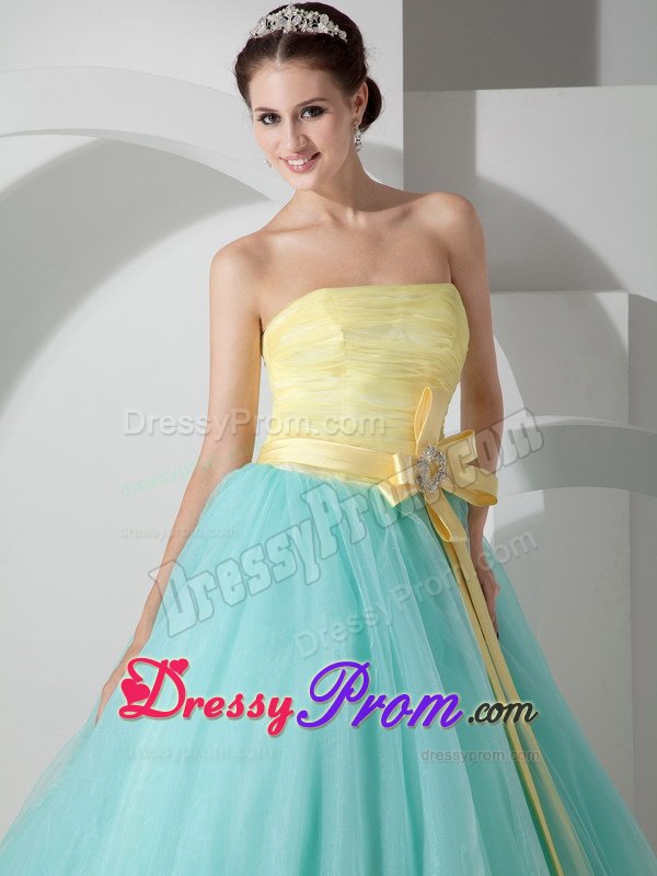 Yellow and Aqua Blue Tulle Quinceanera Gowns with Flowery Sash