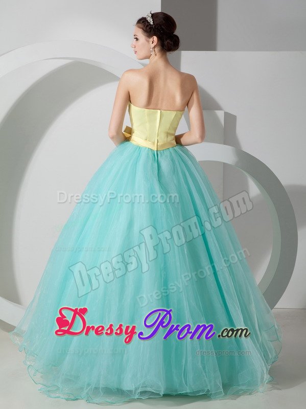 Yellow and Aqua Blue Tulle Quinceanera Gowns with Flowery Sash