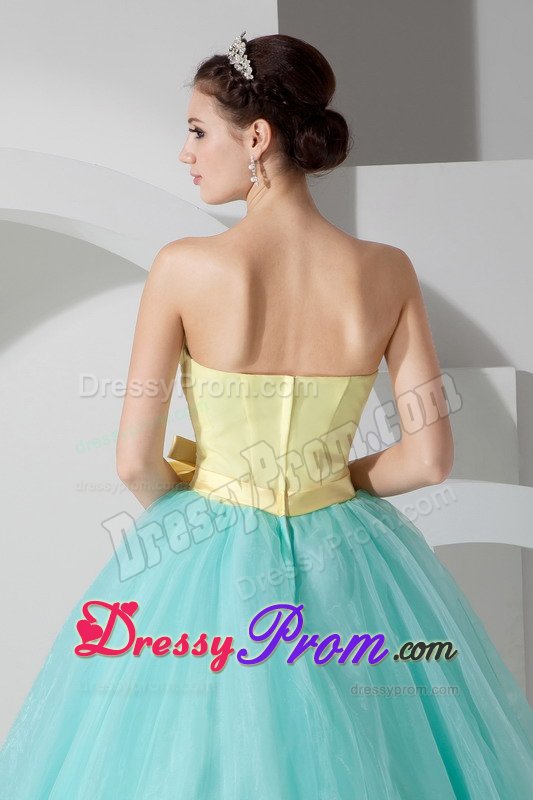 Yellow and Aqua Blue Tulle Quinceanera Gowns with Flowery Sash