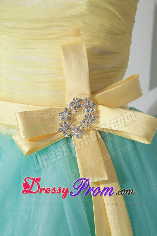 Yellow and Aqua Blue Tulle Quinceanera Gowns with Flowery Sash