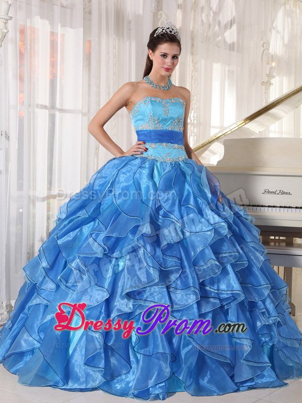 Evergreen CO Appliqued Blue Organza Quinceanera Gowns Ruffles