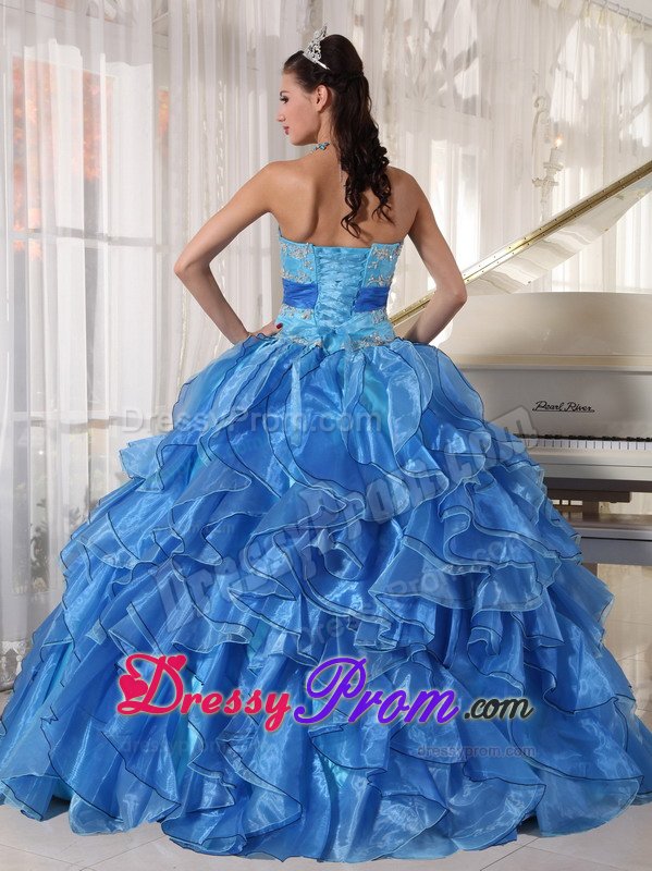 Evergreen CO Appliqued Blue Organza Quinceanera Gowns Ruffles