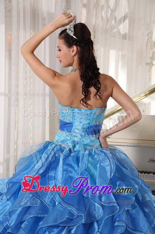 Evergreen CO Appliqued Blue Organza Quinceanera Gowns Ruffles