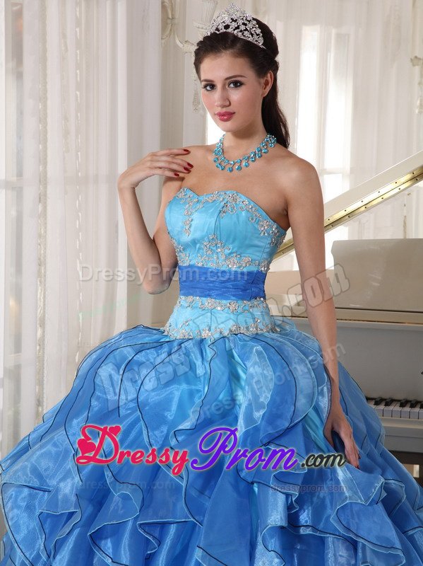 Evergreen CO Appliqued Blue Organza Quinceanera Gowns Ruffles