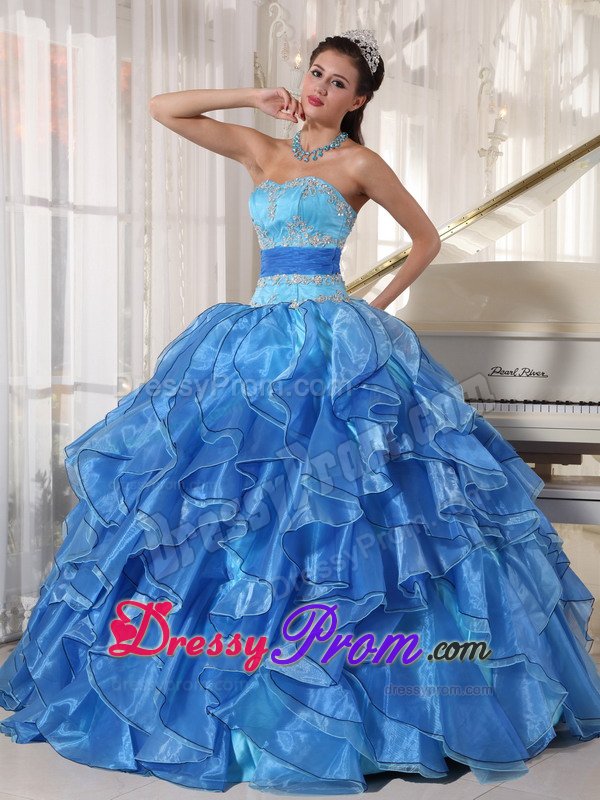 Evergreen CO Appliqued Blue Organza Quinceanera Gowns Ruffles