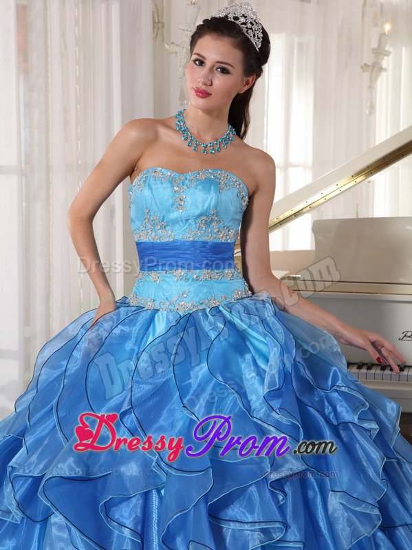 Evergreen CO Appliqued Blue Organza Quinceanera Gowns Ruffles