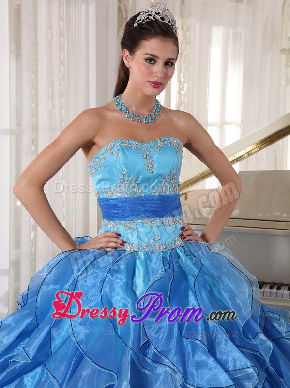 Evergreen CO Appliqued Blue Organza Quinceanera Gowns Ruffles