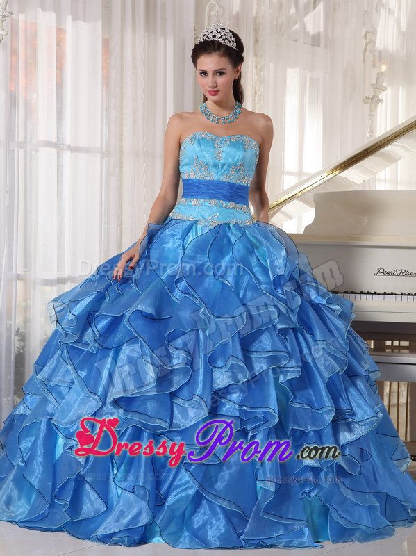 Evergreen CO Appliqued Blue Organza Quinceanera Gowns Ruffles