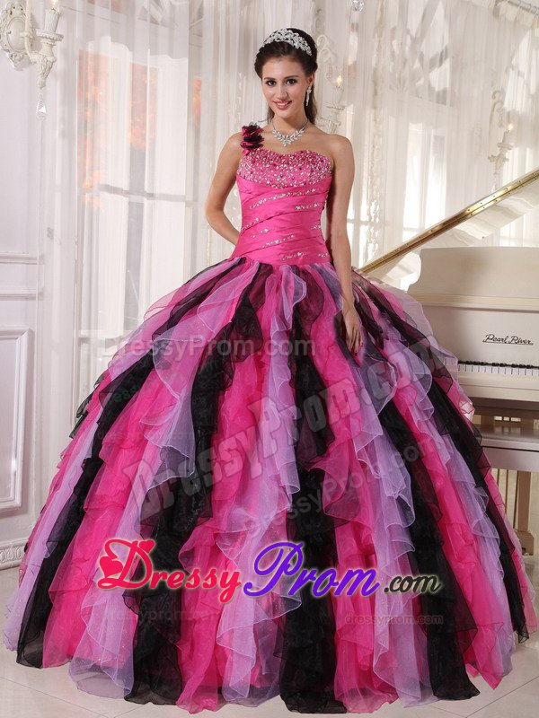 Pretty Beading Ruffles One Shoulder Colorful Quinceanera Gowns