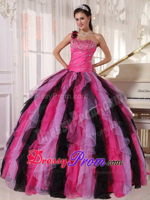 Pretty Beading Ruffles One Shoulder Colorful Quinceanera Gowns