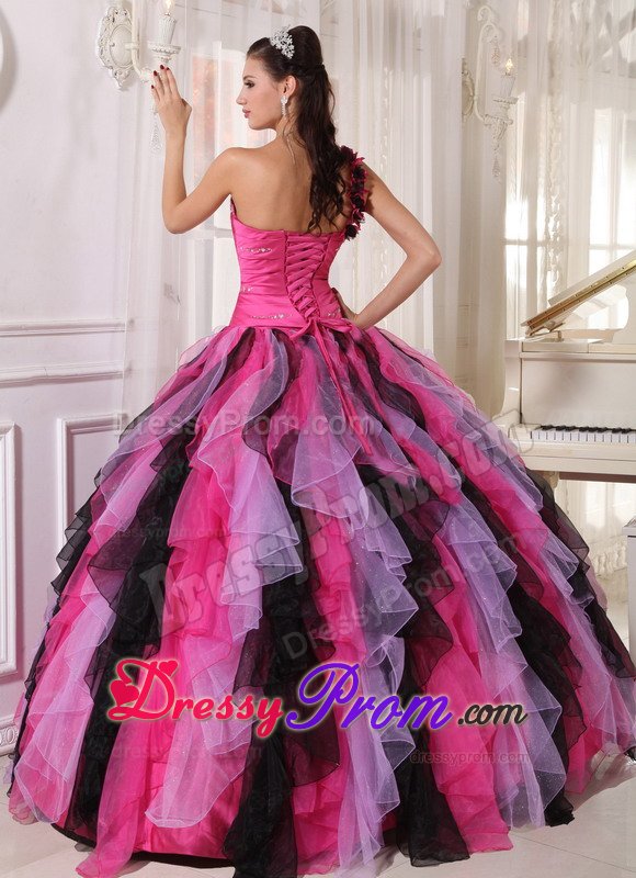 Pretty Beading Ruffles One Shoulder Colorful Quinceanera Gowns