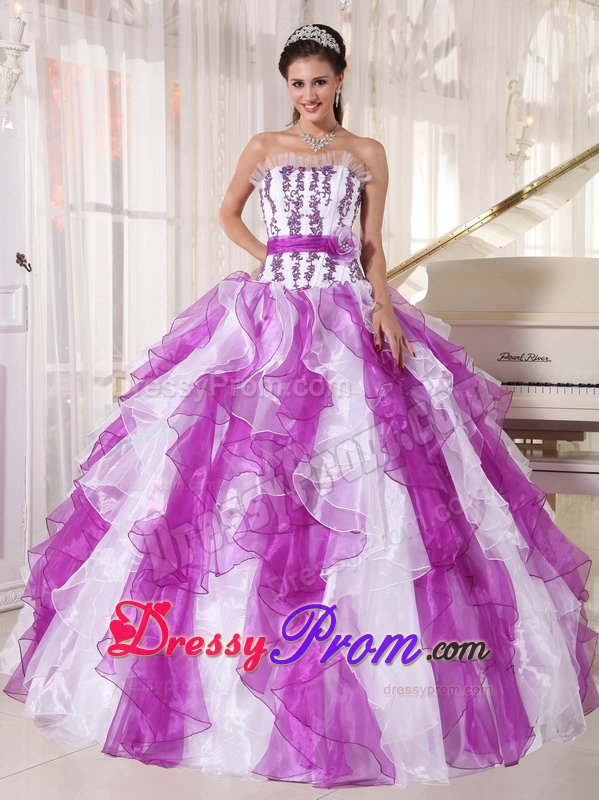 Estes Park CA Appliqued Ruffled Purple and White Quinceanera Gown