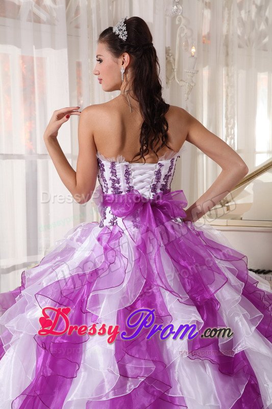 Estes Park CA Appliqued Ruffled Purple and White Quinceanera Gown