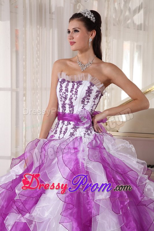 Estes Park CA Appliqued Ruffled Purple and White Quinceanera Gown