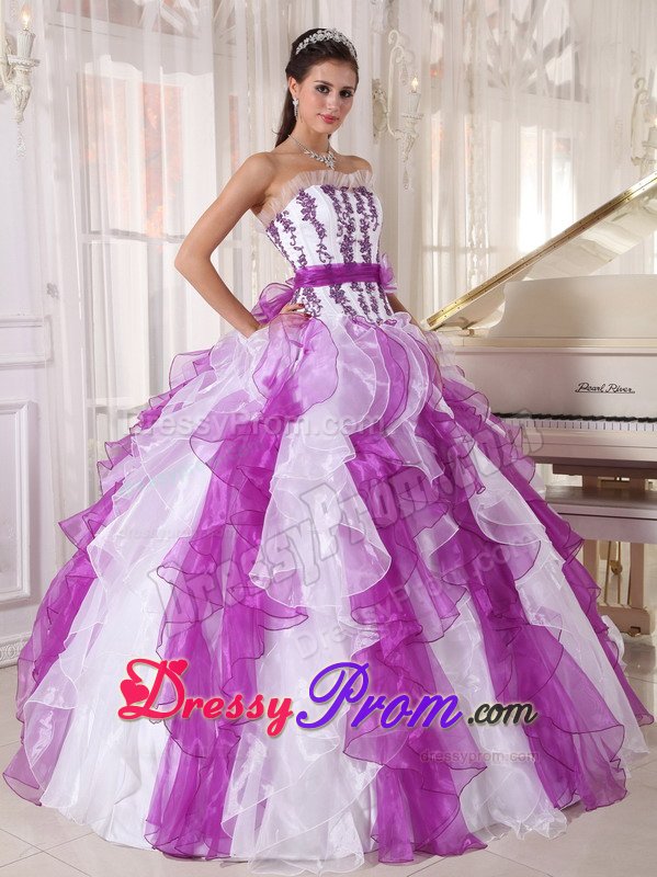 Estes Park CA Appliqued Ruffled Purple and White Quinceanera Gown