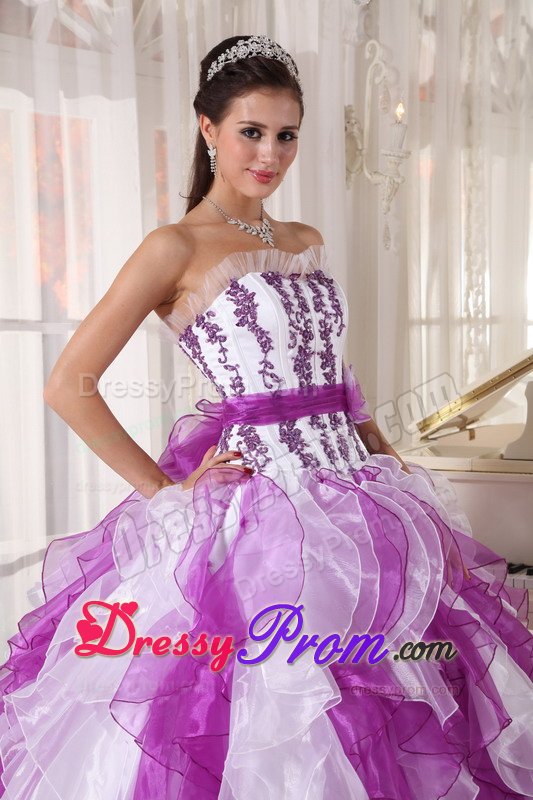 Estes Park CA Appliqued Ruffled Purple and White Quinceanera Gown