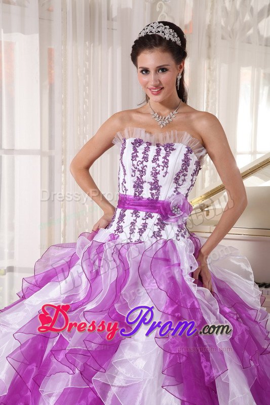 Estes Park CA Appliqued Ruffled Purple and White Quinceanera Gown