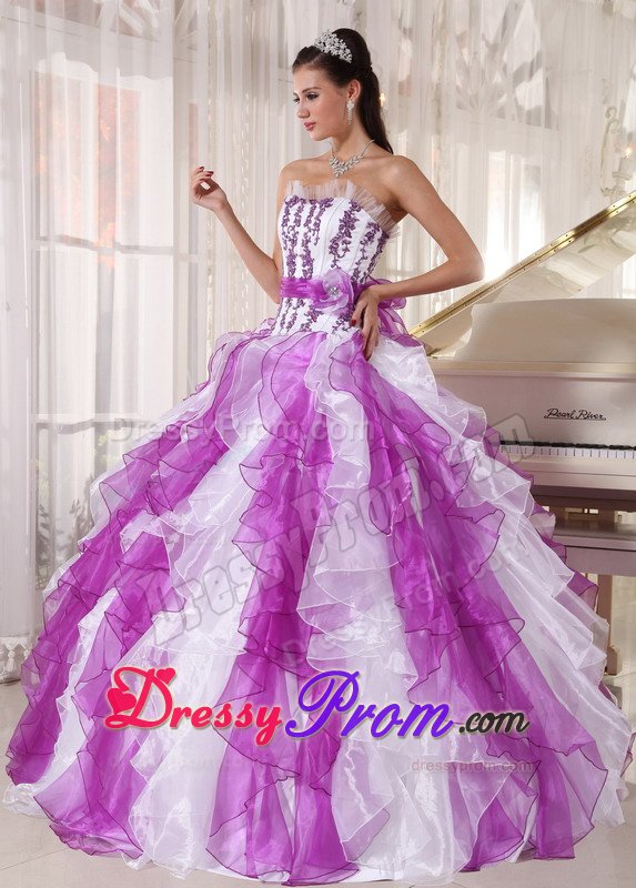 Estes Park CA Appliqued Ruffled Purple and White Quinceanera Gown