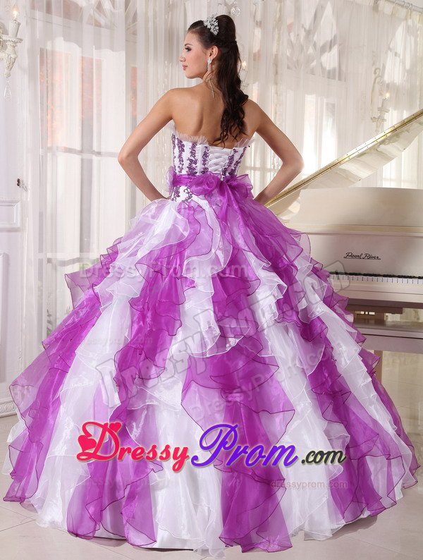 Estes Park CA Appliqued Ruffled Purple and White Quinceanera Gown