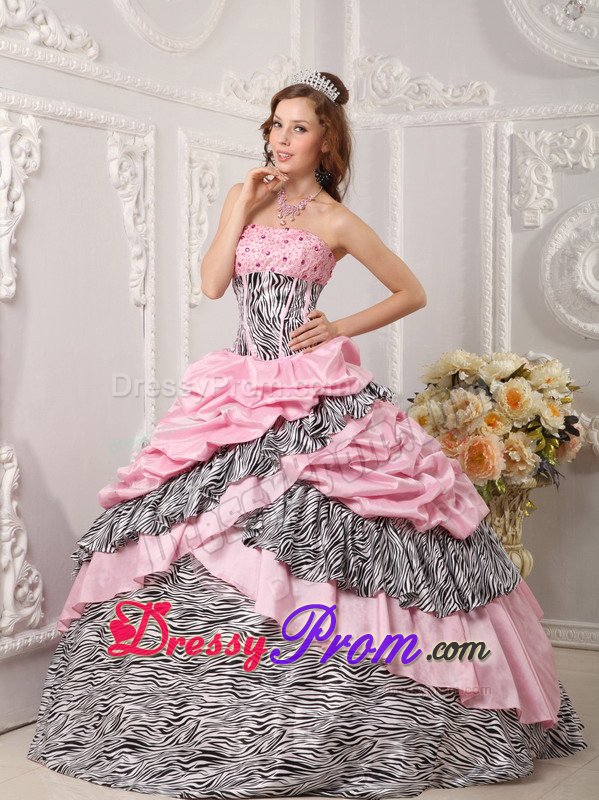 Beaded and Layered Pink Quinceanera Gown Dresses with Zebra Print