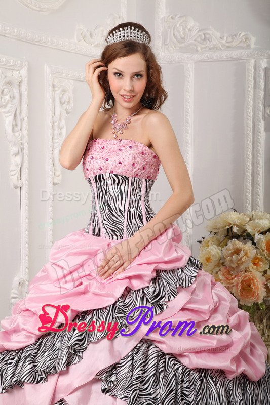 Beaded and Layered Pink Quinceanera Gown Dresses with Zebra Print