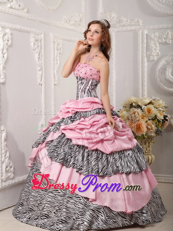 Beaded and Layered Pink Quinceanera Gown Dresses with Zebra Print