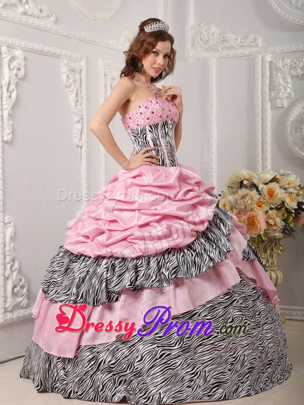 Beaded and Layered Pink Quinceanera Gown Dresses with Zebra Print