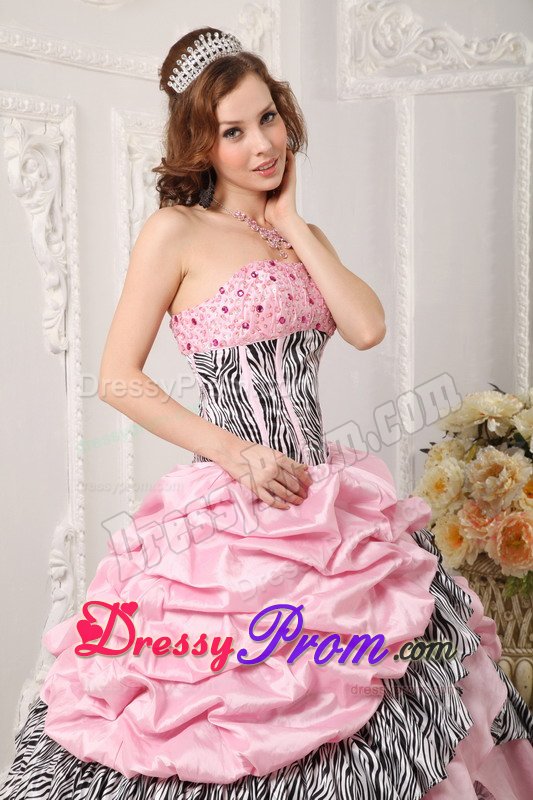 Beaded and Layered Pink Quinceanera Gown Dresses with Zebra Print