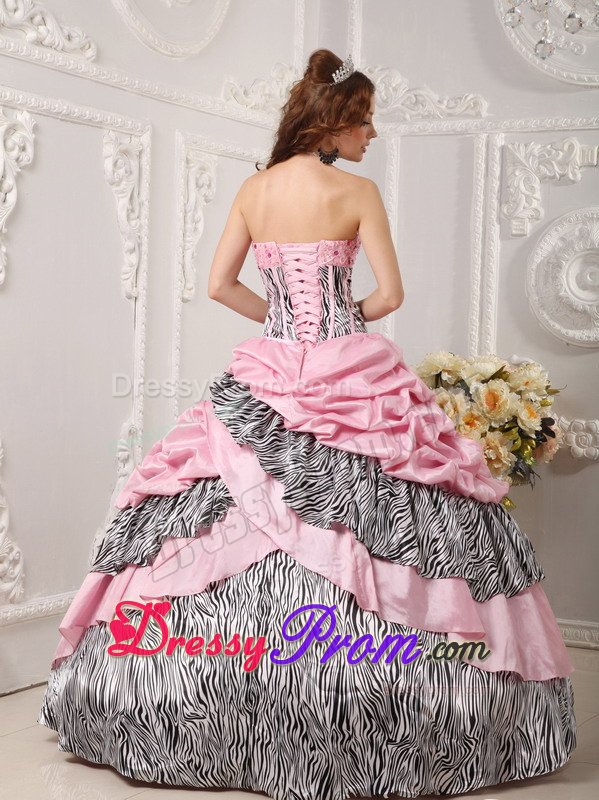 Beaded and Layered Pink Quinceanera Gown Dresses with Zebra Print