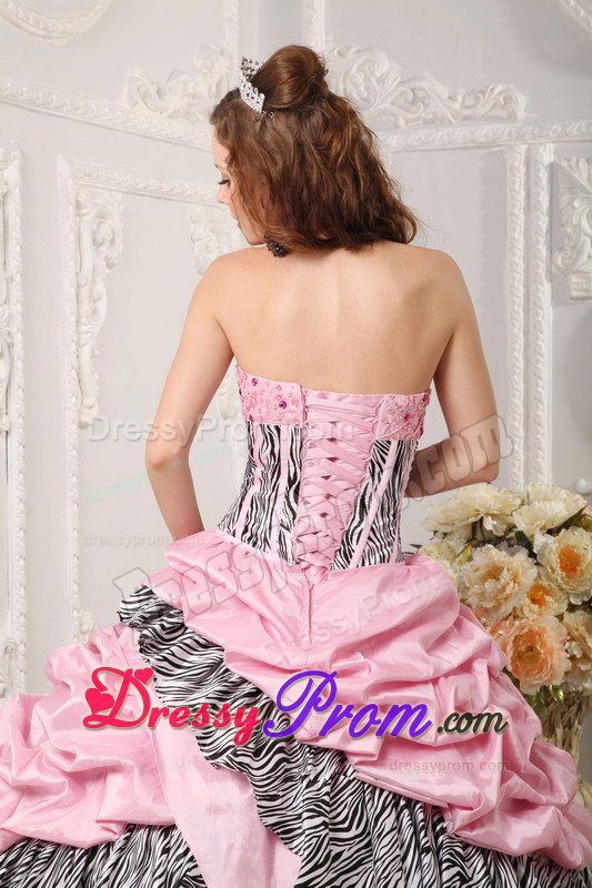 Beaded and Layered Pink Quinceanera Gown Dresses with Zebra Print