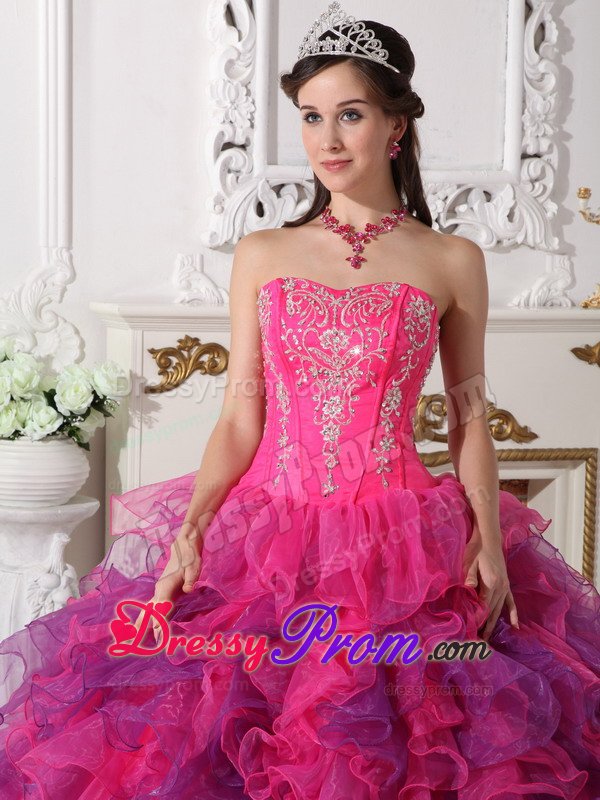 Hot Pink and Lavender Organza Quinceanera Gown Dresses Appliques
