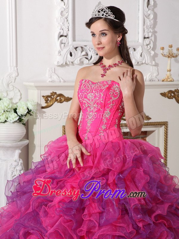Hot Pink and Lavender Organza Quinceanera Gown Dresses Appliques