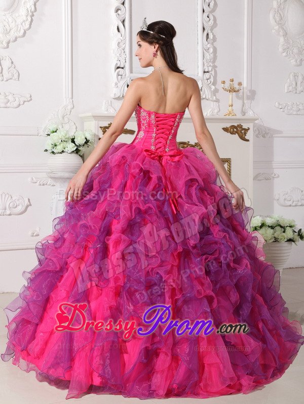 Hot Pink and Lavender Organza Quinceanera Gown Dresses Appliques