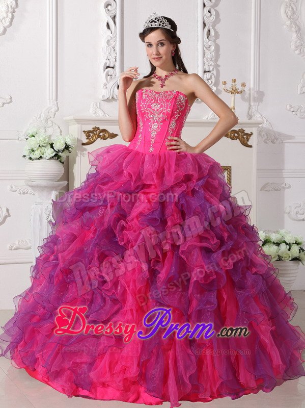 Hot Pink and Lavender Organza Quinceanera Gown Dresses Appliques