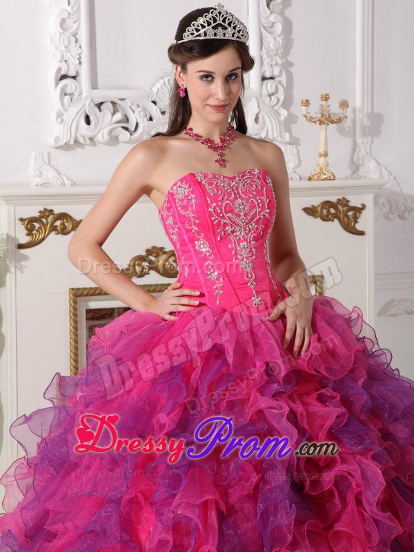 Hot Pink and Lavender Organza Quinceanera Gown Dresses Appliques