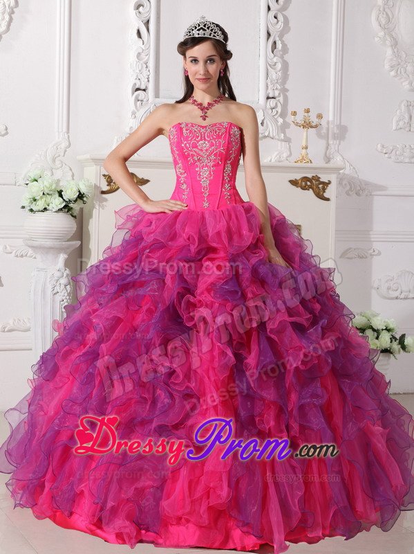 Hot Pink and Lavender Organza Quinceanera Gown Dresses Appliques