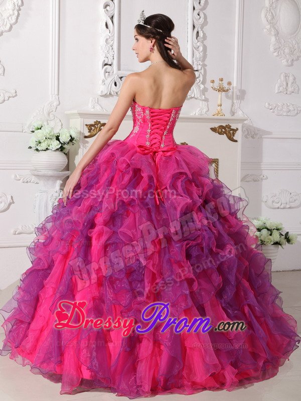 Hot Pink and Lavender Organza Quinceanera Gown Dresses Appliques