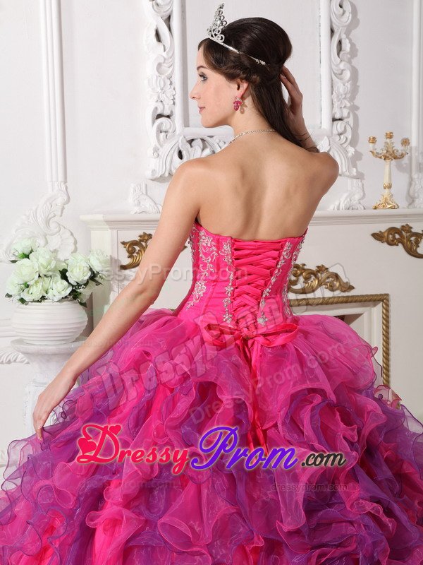 Hot Pink and Lavender Organza Quinceanera Gown Dresses Appliques