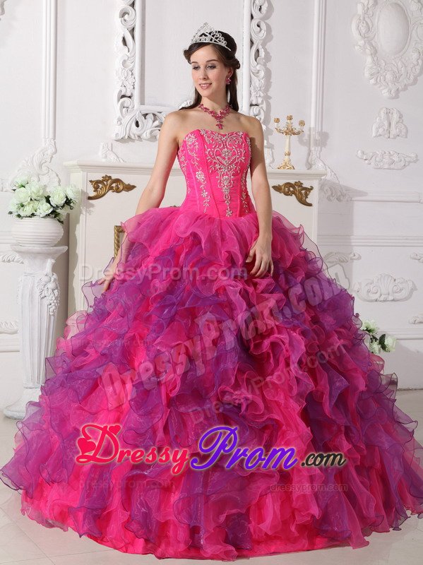 Hot Pink and Lavender Organza Quinceanera Gown Dresses Appliques