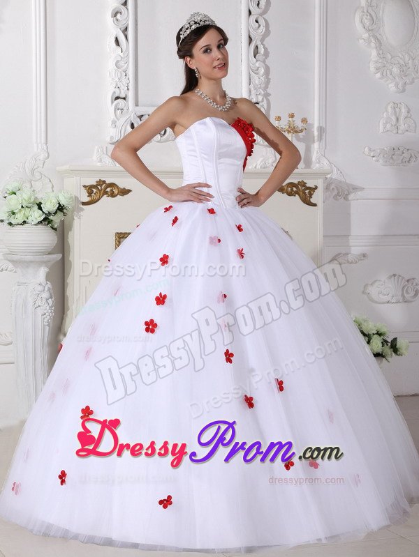 Denver CO White and Red Tulle Quinceanera Gown with Appliques