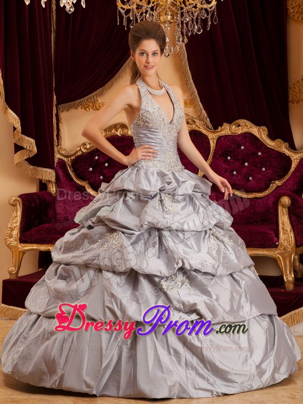 Aspen CO Gray Halter Quinces Dresses with Appliques and Pick ups