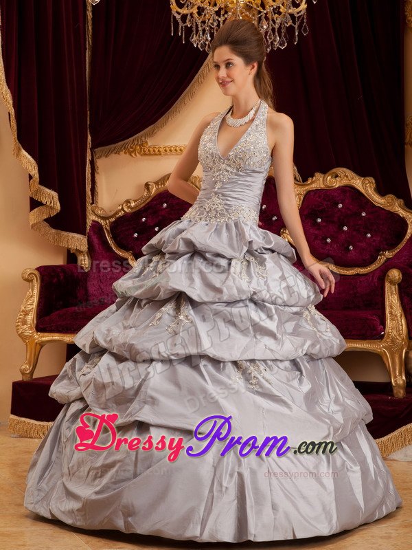 Aspen CO Gray Halter Quinces Dresses with Appliques and Pick ups