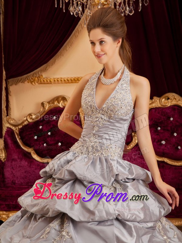 Aspen CO Gray Halter Quinces Dresses with Appliques and Pick ups